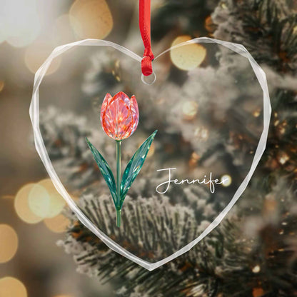 A Beautiful Touch Featuring A Graceful Tulip - Personalized Heart Glass Ornament - DTG053_HEGOR