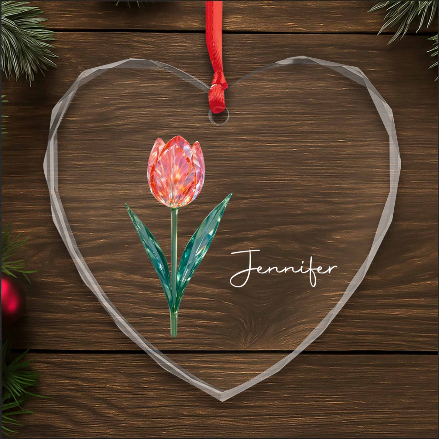 A Beautiful Touch Featuring A Graceful Tulip - Personalized Heart Glass Ornament - DTG053_HEGOR