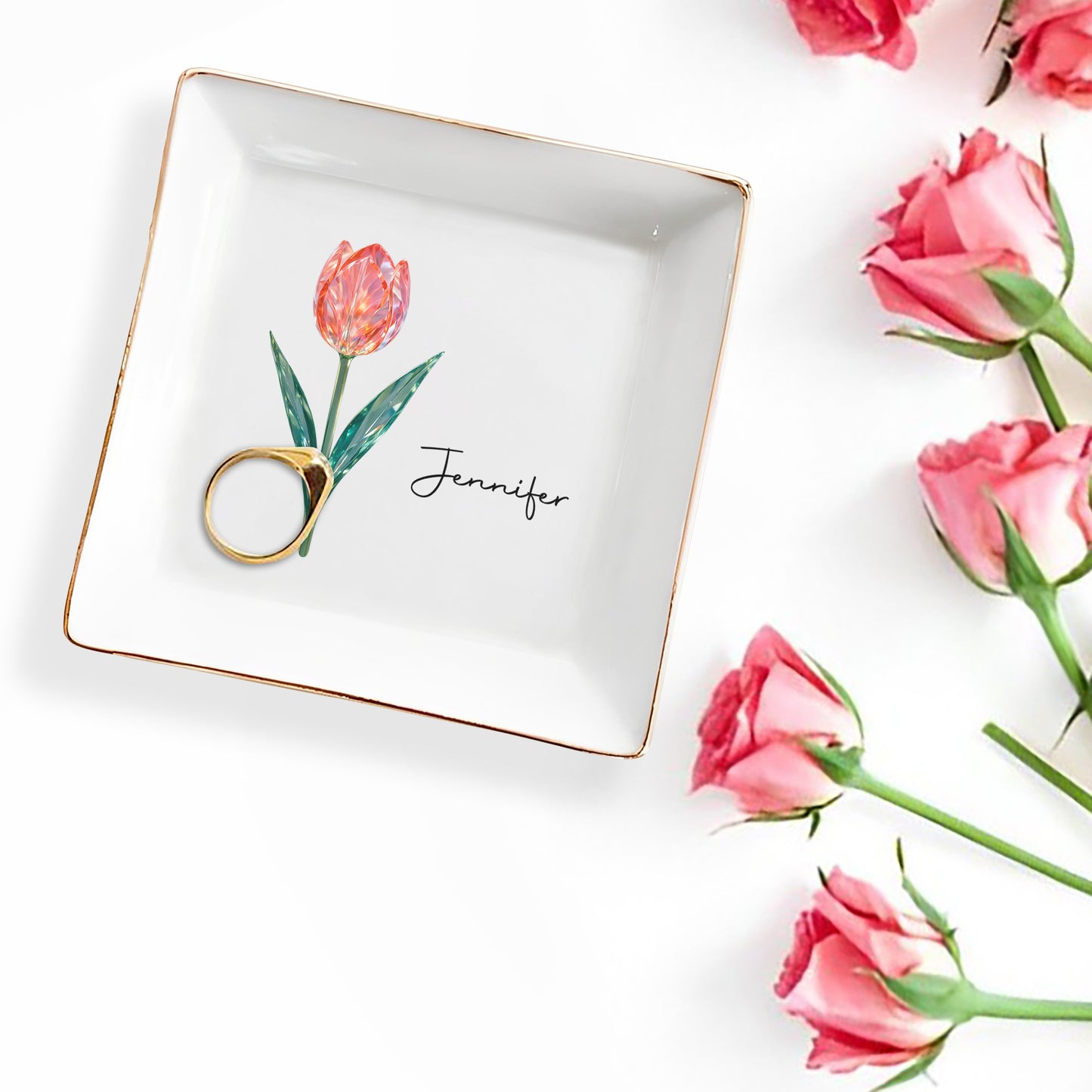 Elegantly Personalized Tulip Design Jewelry Dish - Personalized Custom Jewelry Dish, Square Ceramic Dish - DTG054_SCRD