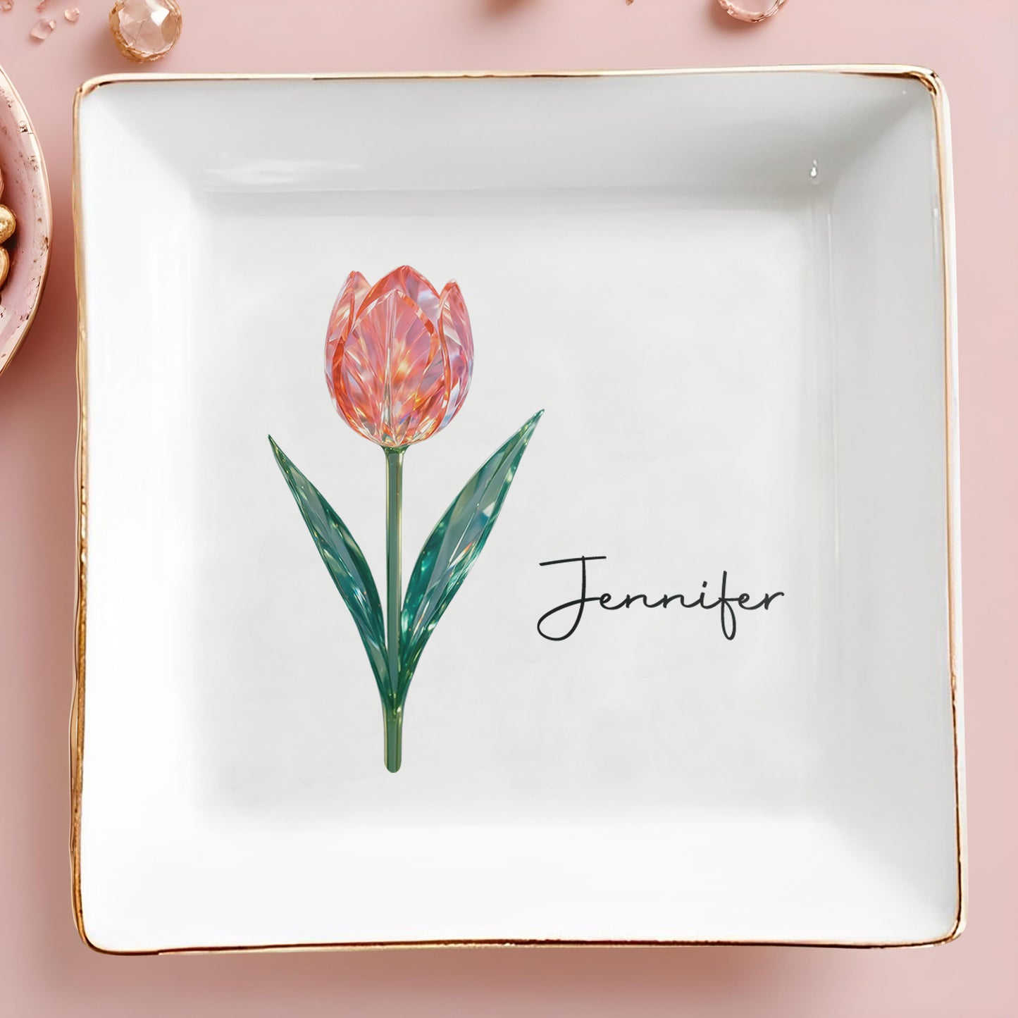 Elegantly Personalized Tulip Design Jewelry Dish - Personalized Custom Jewelry Dish, Square Ceramic Dish - DTG054_SCRD