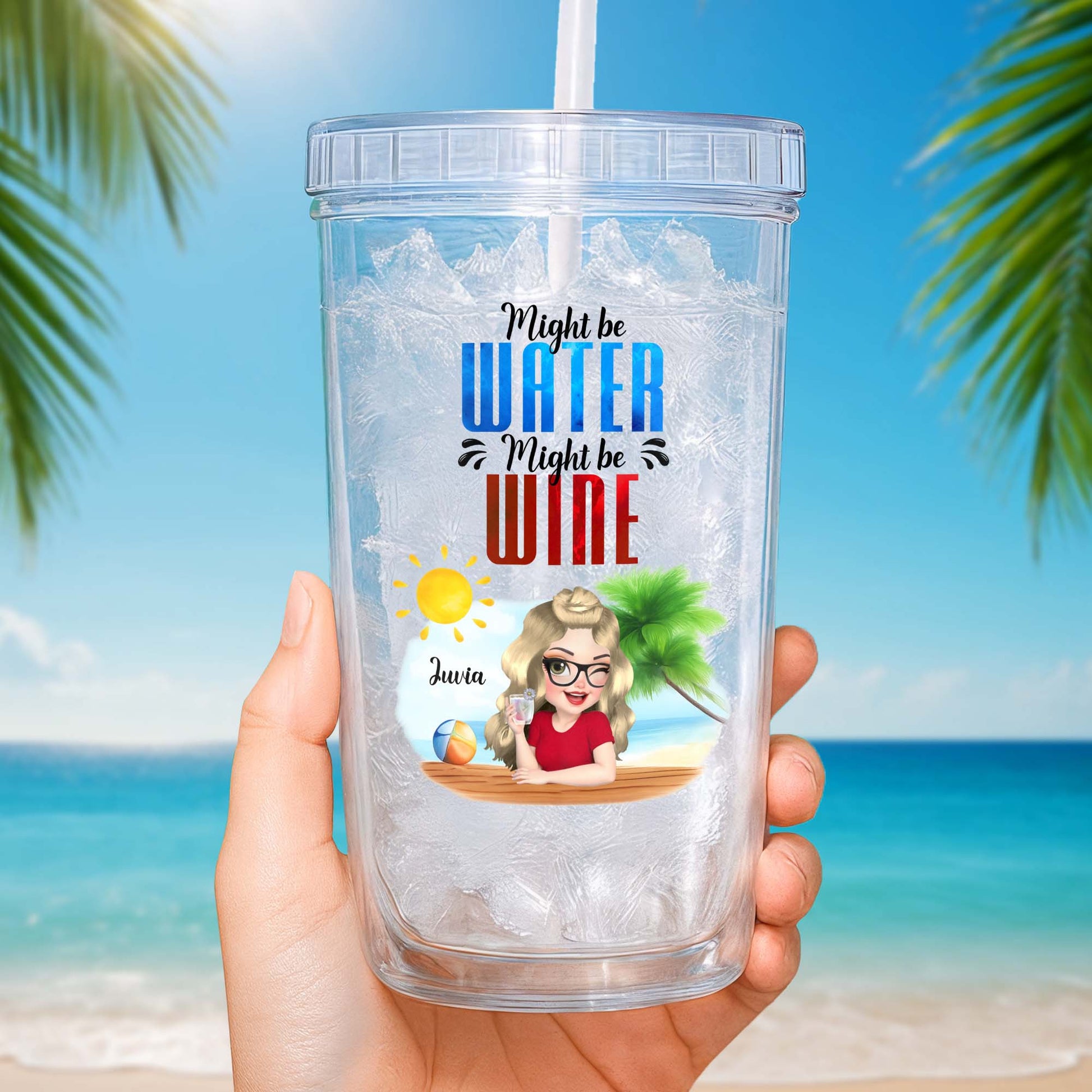 Might Be Water Might Be Coffee With Cartoon Woman And Beach Theme