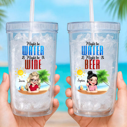 Might Be Water Might Be Coffee With Cartoon Woman And Beach Theme