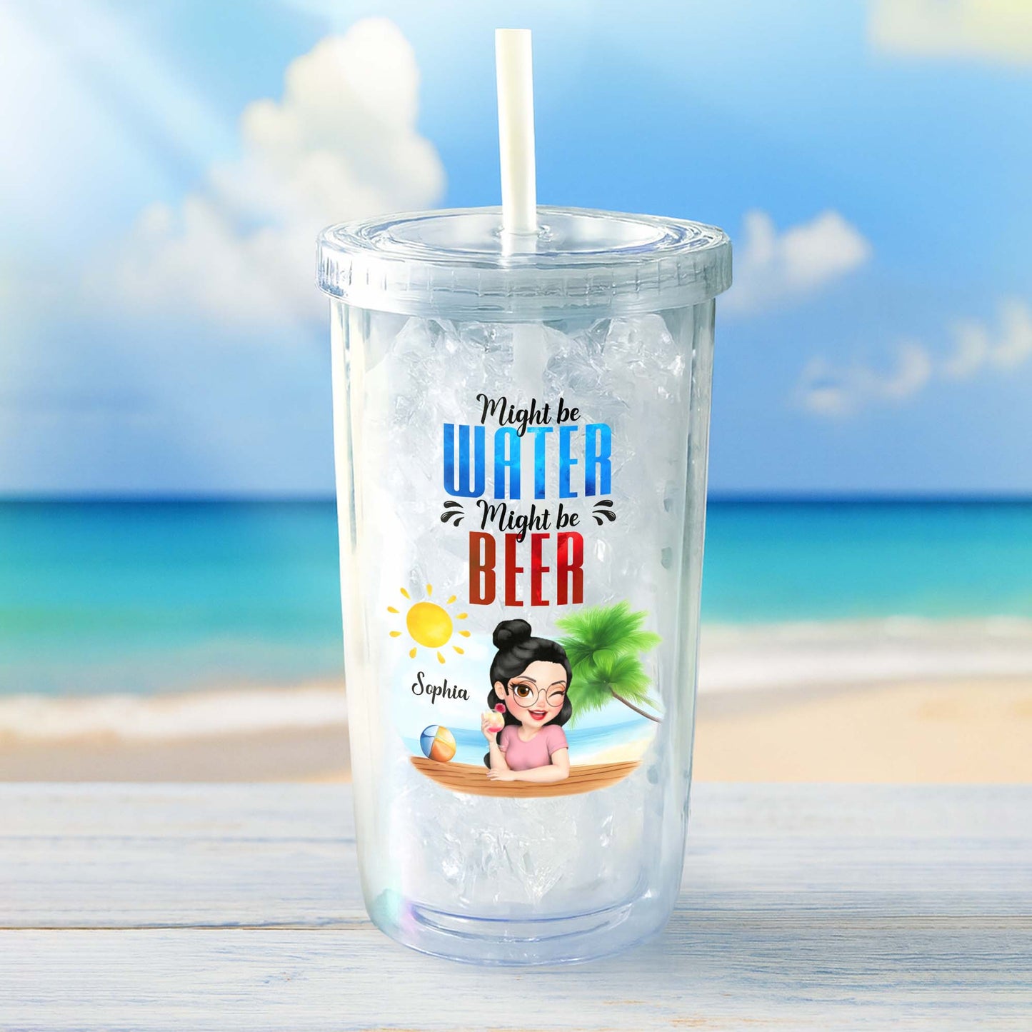 Might Be Water Might Be Coffee With Cartoon Woman And Beach Theme