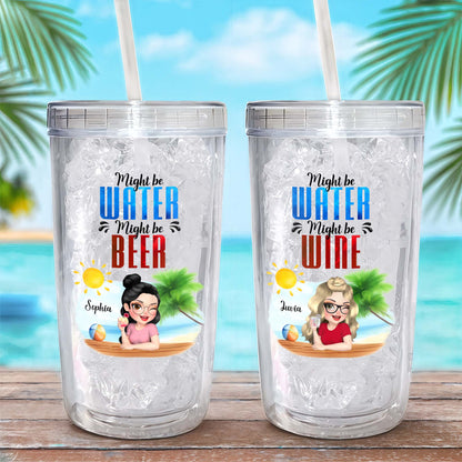 Might Be Water Might Be Coffee With Cartoon Woman And Beach Theme