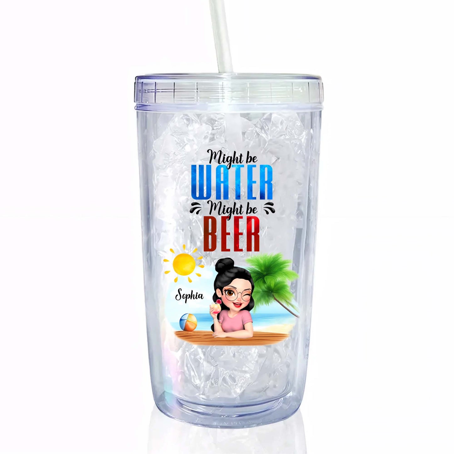 Might Be Water Might Be Coffee With Cartoon Woman And Beach Theme