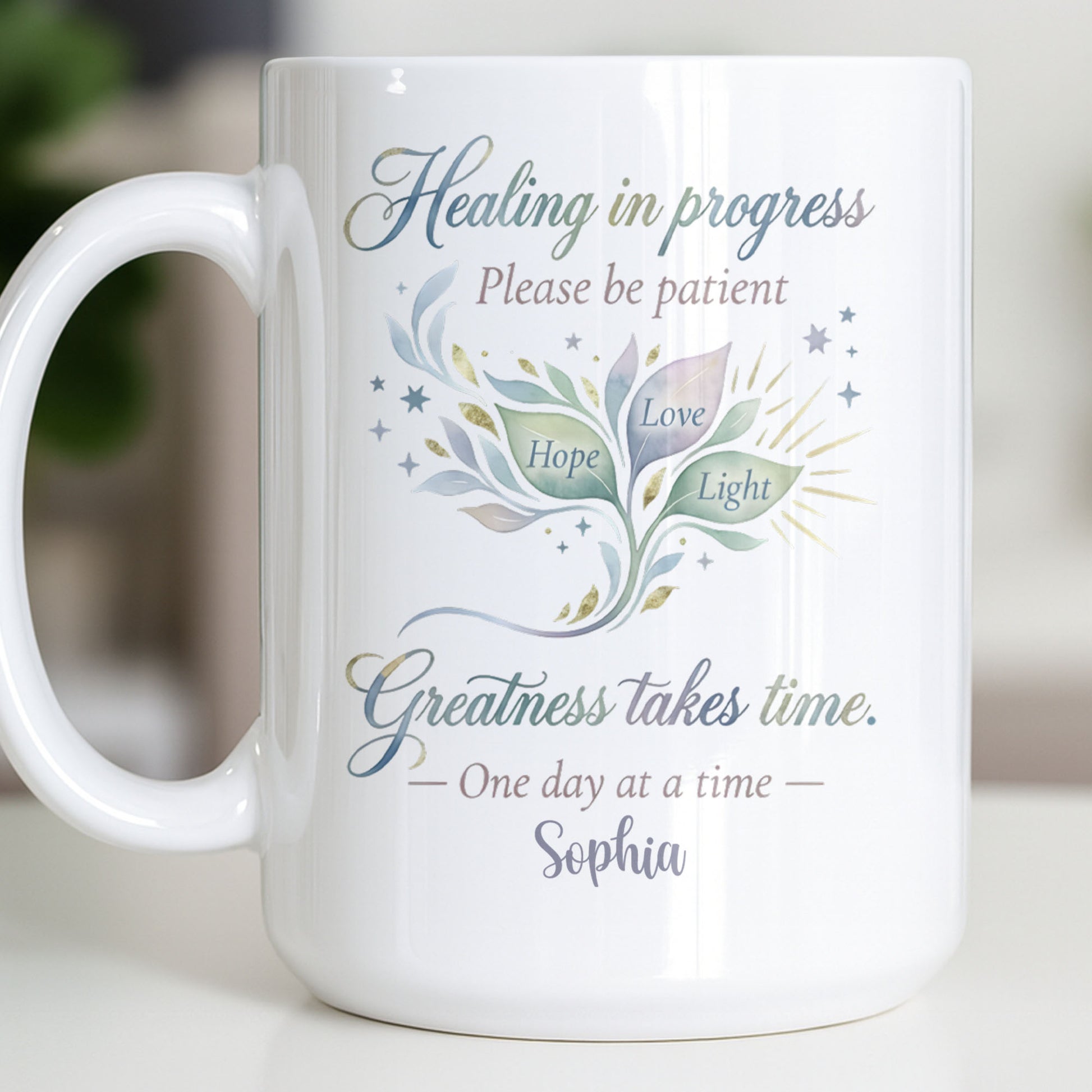 Healing In Progress, Hope Love Light, Stars Leaves Design