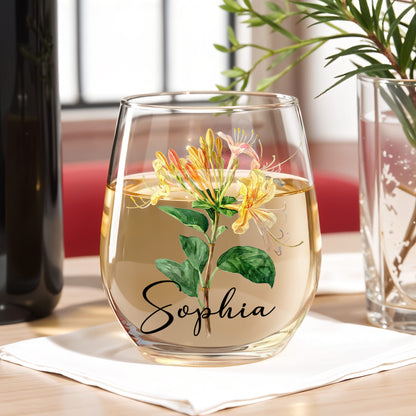 Beautiful Birth Month Flower Personalized Floral Botanical Art - Personalized Stemless Wine Glass - DTG089_WIGL