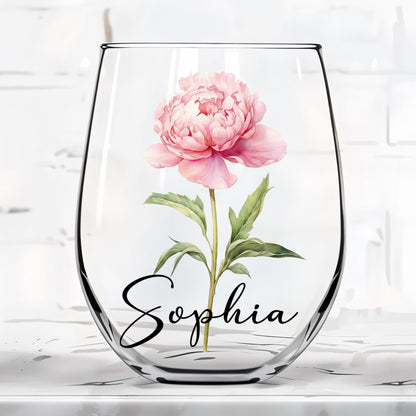 Beautiful Birth Month Flower Personalized Floral Botanical Art - Personalized Stemless Wine Glass - DTG089_WIGL