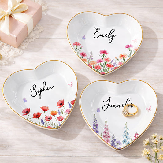 A Beautiful Bloom Custom Name Flowers And Butterflies - Personalized Custom Jewelry Dish, Ceramic Dish, Heart Shape - DTG092_HCRF