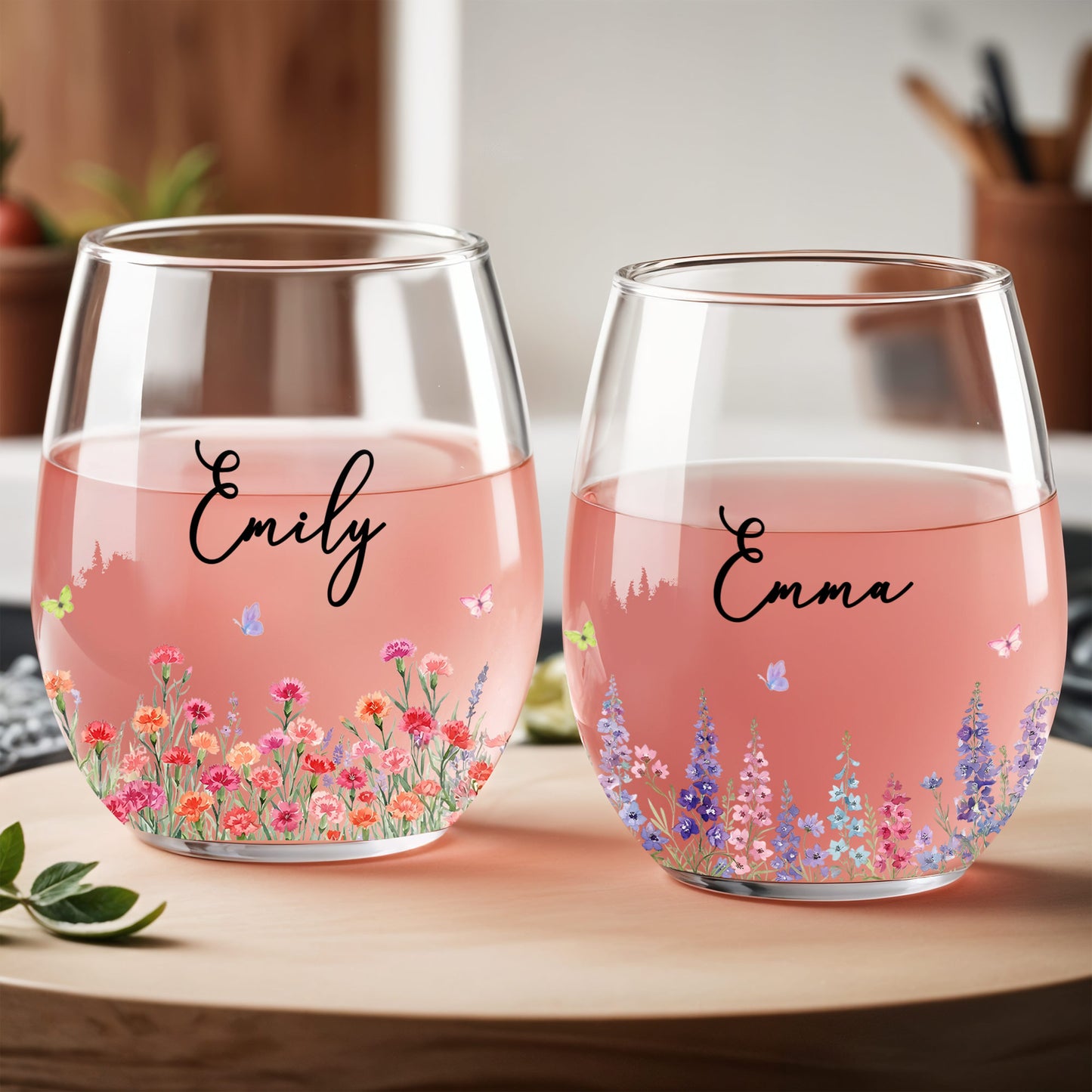 Beautiful Garden of Flowers with Butterflies and Custom Name - Personalized Stemless Wine Glass - DTG092_WIGL