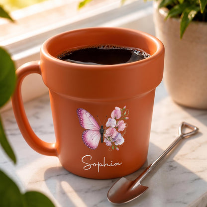 Where Life Plants You, Bloom With Grace Butterfly And Birth Month Flowers - Personalized Plant Pot Ceramic Mug - DTG119_PLACEM
