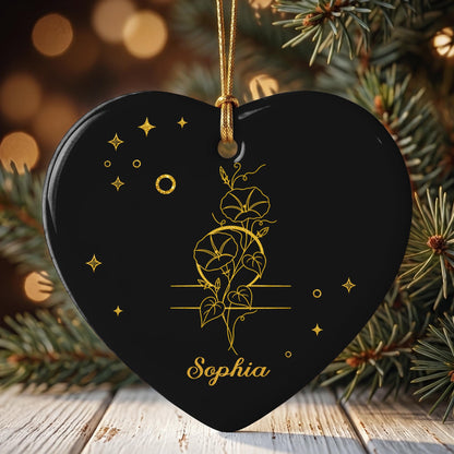 Zodiac Virgo Sign With Birth Month Flowers And Stars - Personalized Custom Ceramic Ornament With Heart Shape - DTG170_HCE