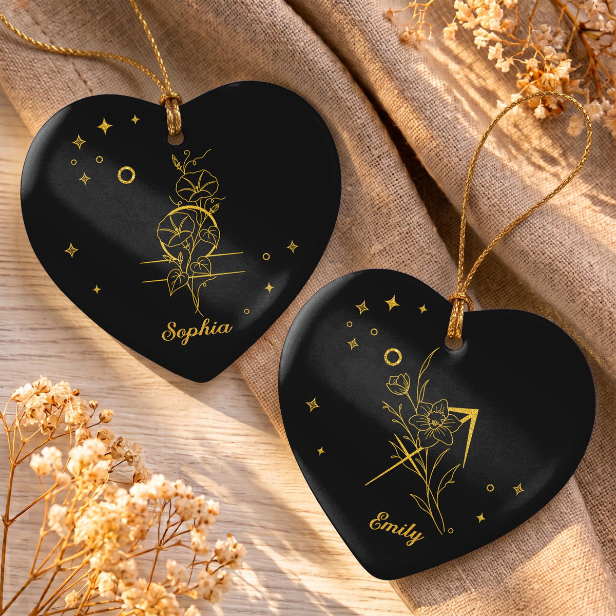 Zodiac Virgo Sign With Birth Month Flowers And Stars - Personalized Custom Ceramic Ornament With Heart Shape - DTG170_HCE