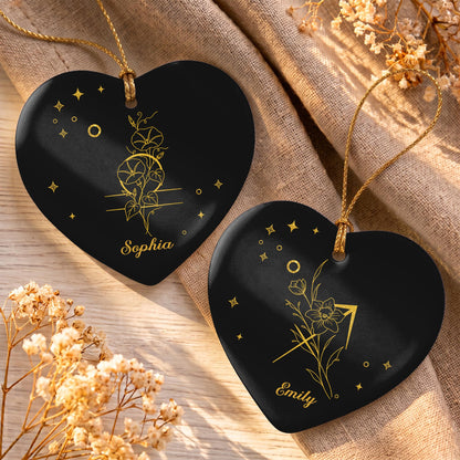 Zodiac Virgo Sign With Birth Month Flowers And Stars - Personalized Custom Ceramic Ornament With Heart Shape - DTG170_HCE