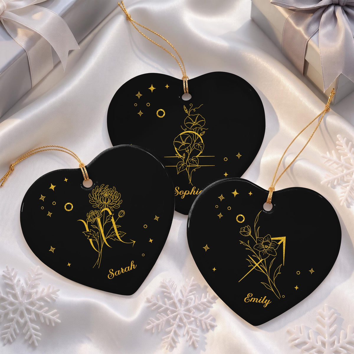 Zodiac Virgo Sign With Birth Month Flowers And Stars - Personalized Custom Ceramic Ornament With Heart Shape - DTG170_HCE