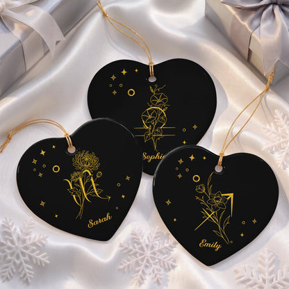 Zodiac Virgo Sign With Birth Month Flowers And Stars - Personalized Custom Ceramic Ornament With Heart Shape - DTG170_HCE