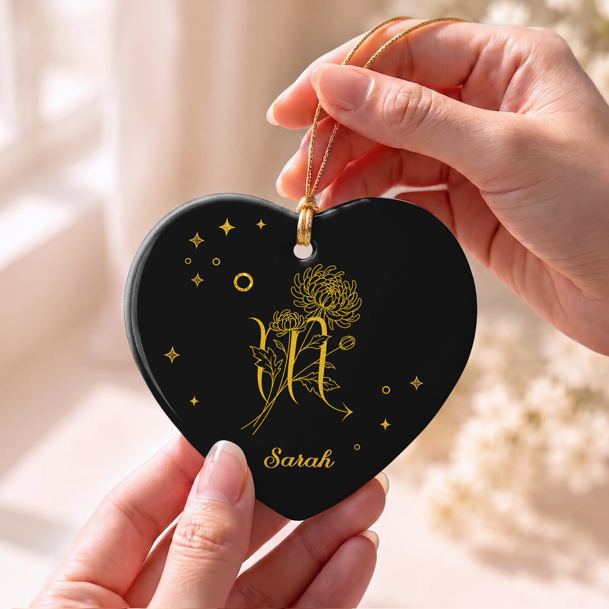 Zodiac Virgo Sign With Birth Month Flowers And Stars - Personalized Custom Ceramic Ornament With Heart Shape - DTG170_HCE