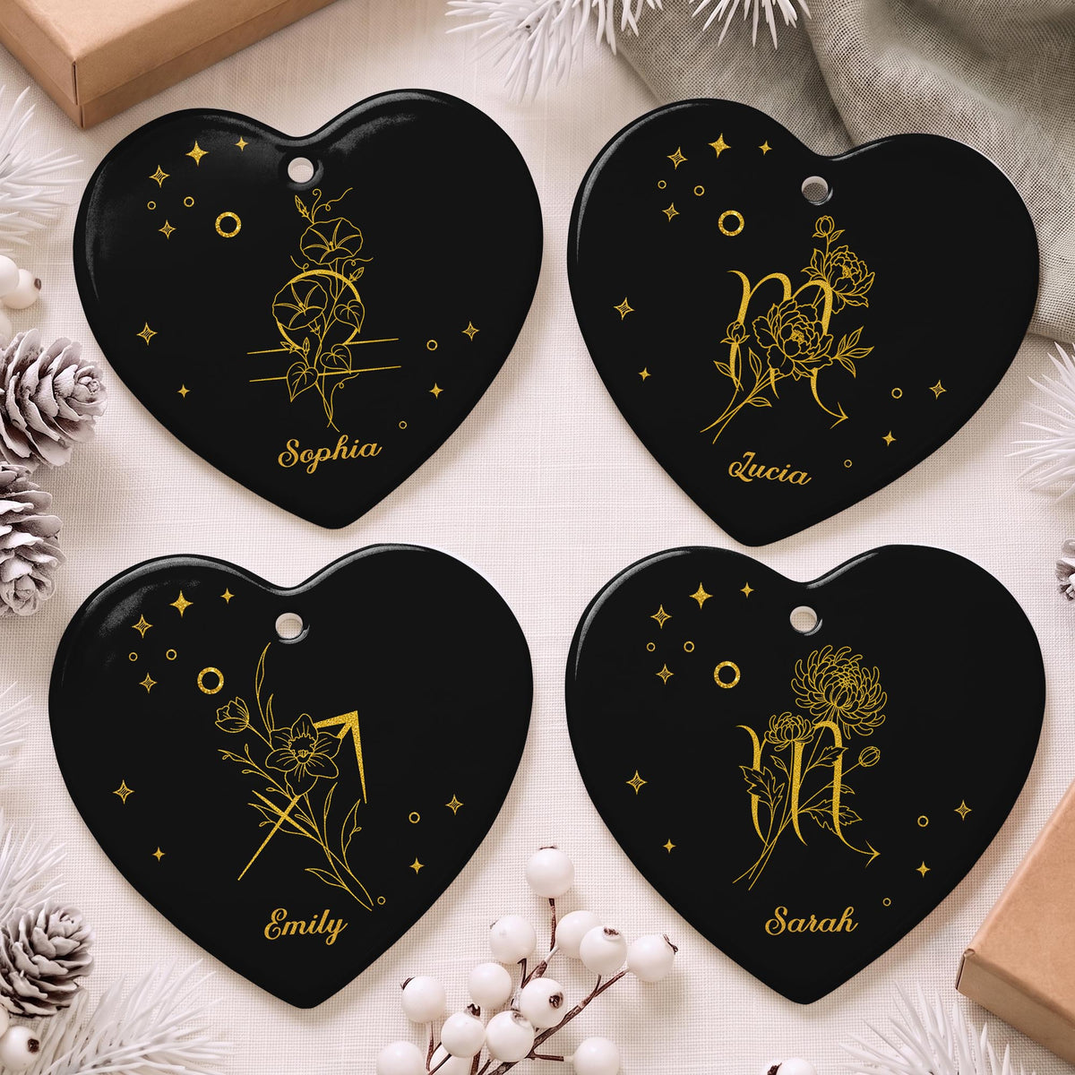 Zodiac Virgo Sign With Birth Month Flowers And Stars - Personalized Custom Ceramic Ornament With Heart Shape - DTG170_HCE
