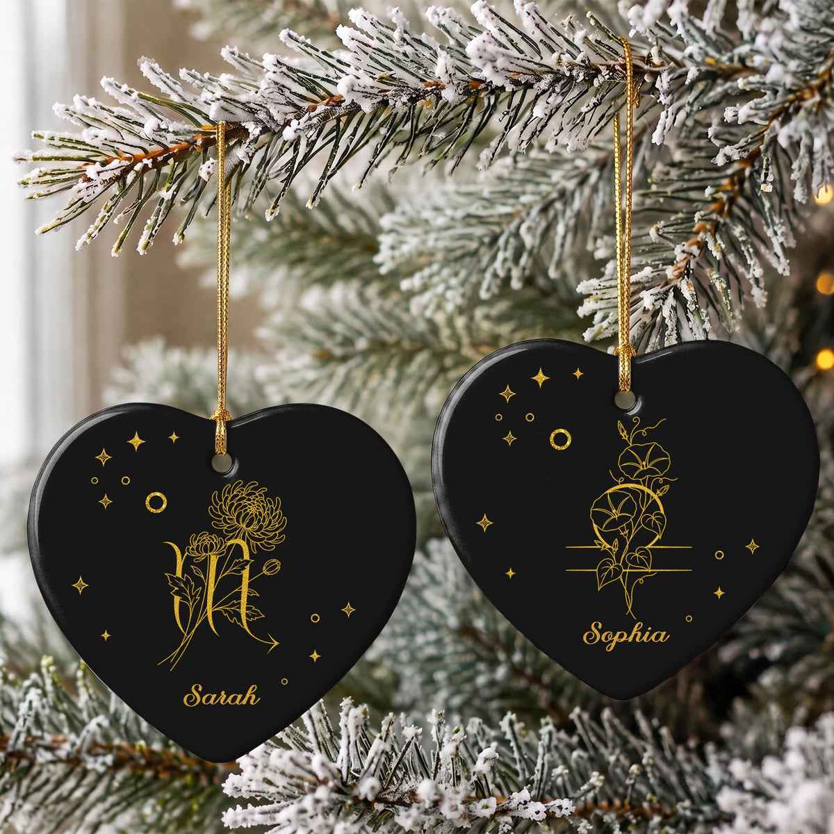 Zodiac Virgo Sign With Birth Month Flowers And Stars - Personalized Custom Ceramic Ornament With Heart Shape - DTG170_HCE