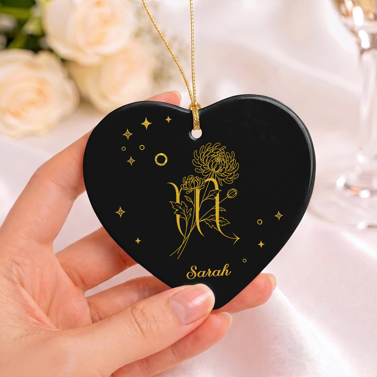 Zodiac Virgo Sign With Birth Month Flowers And Stars - Personalized Custom Ceramic Ornament With Heart Shape - DTG170_HCE