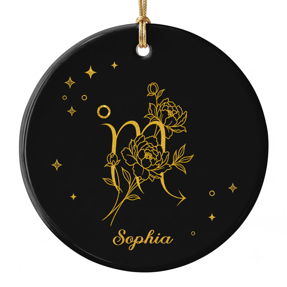 Zodiac Scorpio With Birth Month Flowers And Golden Stars - Personalized Custom Ceramic Ornament With Round Shape - DTG170_RCE