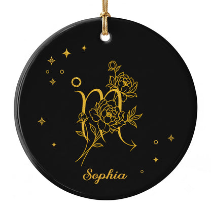 Zodiac Scorpio With Birth Month Flowers And Golden Stars - Personalized Custom Ceramic Ornament With Round Shape - DTG170_RCE