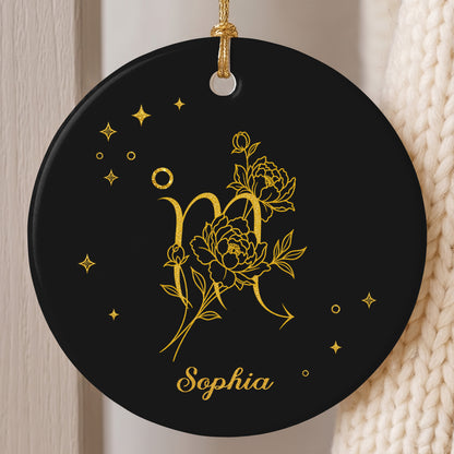 Zodiac Scorpio With Birth Month Flowers And Golden Stars - Personalized Custom Ceramic Ornament With Round Shape - DTG170_RCE