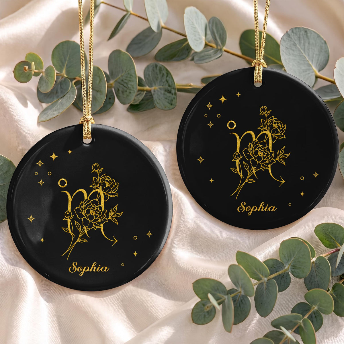 Zodiac Scorpio With Birth Month Flowers And Golden Stars - Personalized Custom Ceramic Ornament With Round Shape - DTG170_RCE