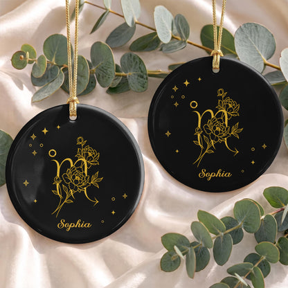 Zodiac Scorpio With Birth Month Flowers And Golden Stars - Personalized Custom Ceramic Ornament With Round Shape - DTG170_RCE