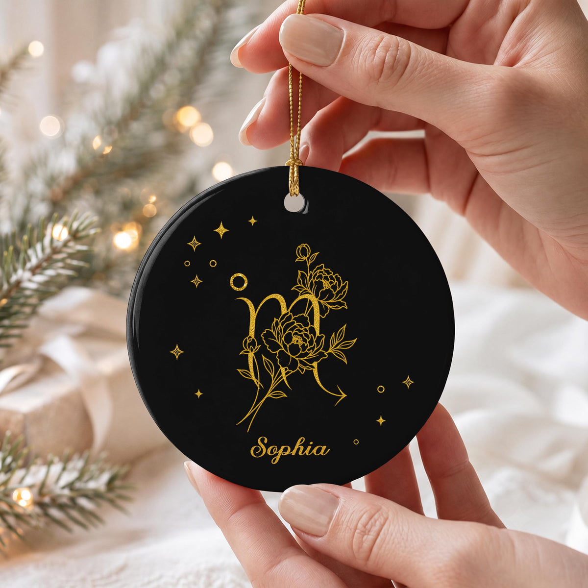 Zodiac Scorpio With Birth Month Flowers And Golden Stars - Personalized Custom Ceramic Ornament With Round Shape - DTG170_RCE