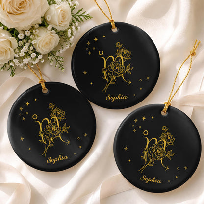 Zodiac Scorpio With Birth Month Flowers And Golden Stars - Personalized Custom Ceramic Ornament With Round Shape - DTG170_RCE