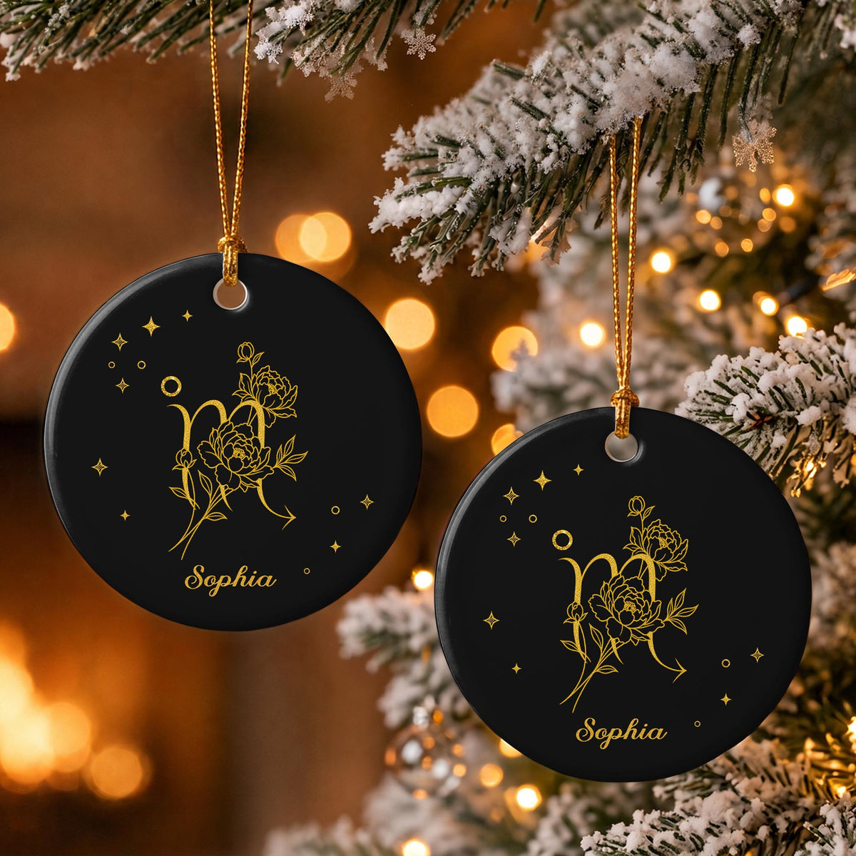 Zodiac Scorpio With Birth Month Flowers And Golden Stars - Personalized Custom Ceramic Ornament With Round Shape - DTG170_RCE