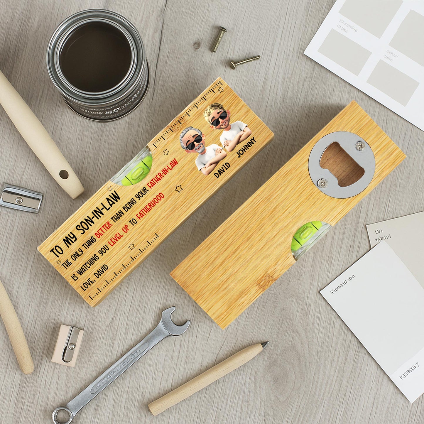 À mon gendre, la seule chose qui soit meilleure que d'être ton beau-père - Niveau à bulle en bois personnalisé avec décapsuleur - FAM005_PLEV