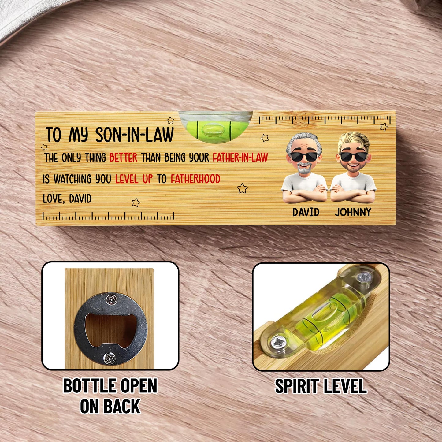 À mon gendre, la seule chose qui soit meilleure que d'être ton beau-père - Niveau à bulle en bois personnalisé avec décapsuleur - FAM005_PLEV