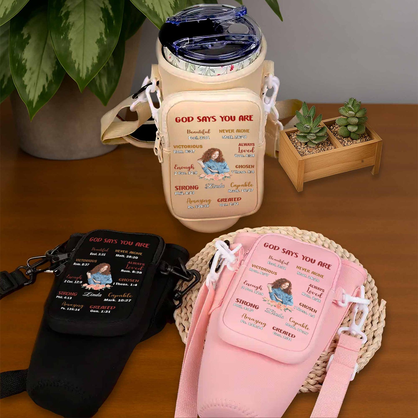 God Says You Are Beautiful, Victorious, and Strong - Personalized Custom Water Bottle Carrier Bag - FAM039_BCB