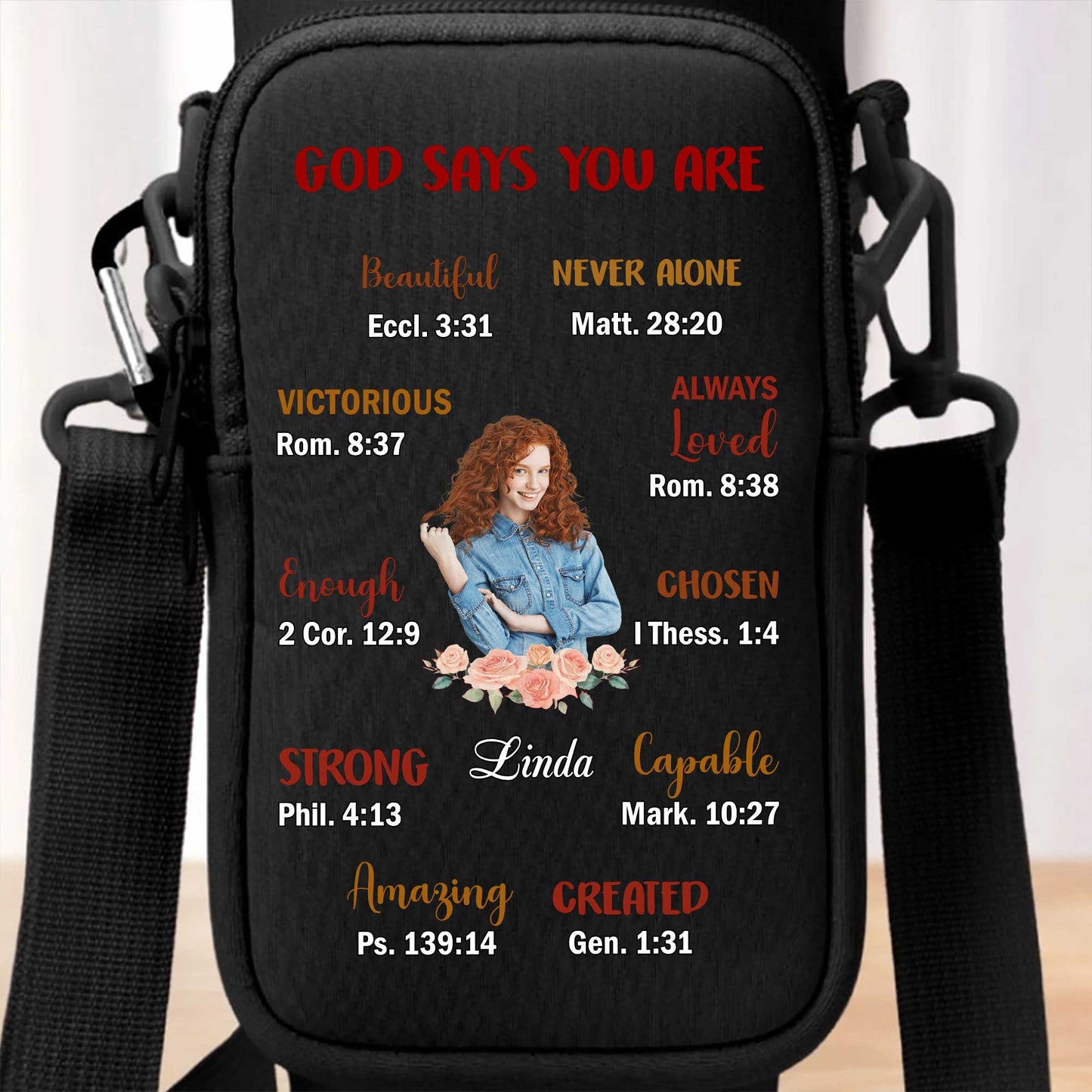 God Says You Are Beautiful, Victorious, and Strong - Personalized Custom Water Bottle Carrier Bag - FAM039_BCB