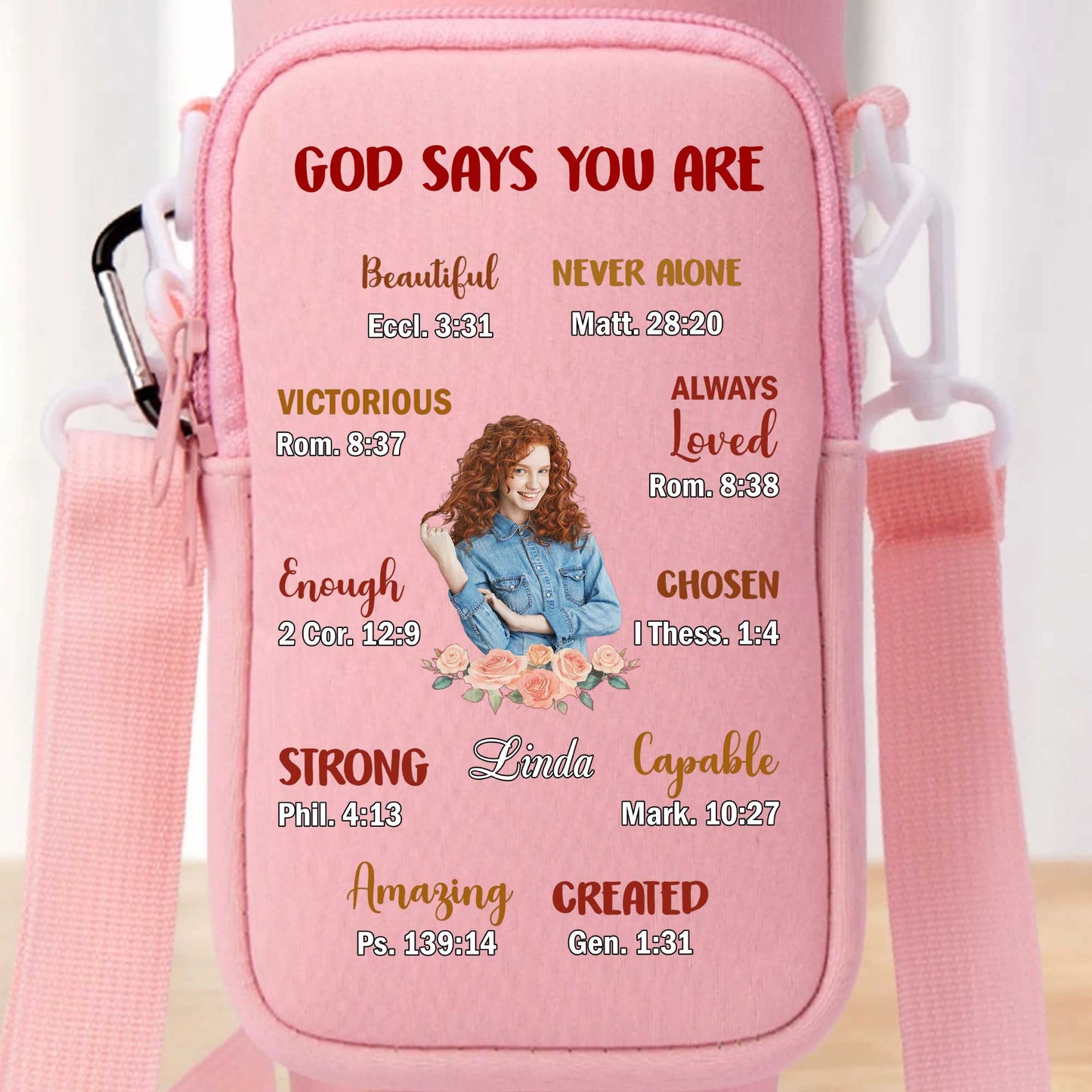 God Says You Are Beautiful, Victorious, and Strong - Personalized Custom Water Bottle Carrier Bag - FAM039_BCB