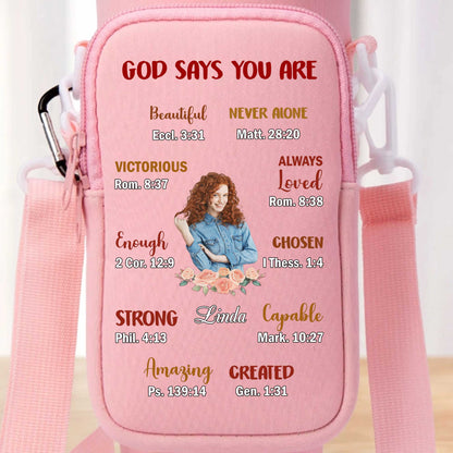 God Says You Are Beautiful, Victorious, and Strong - Personalized Custom Water Bottle Carrier Bag - FAM039_BCB