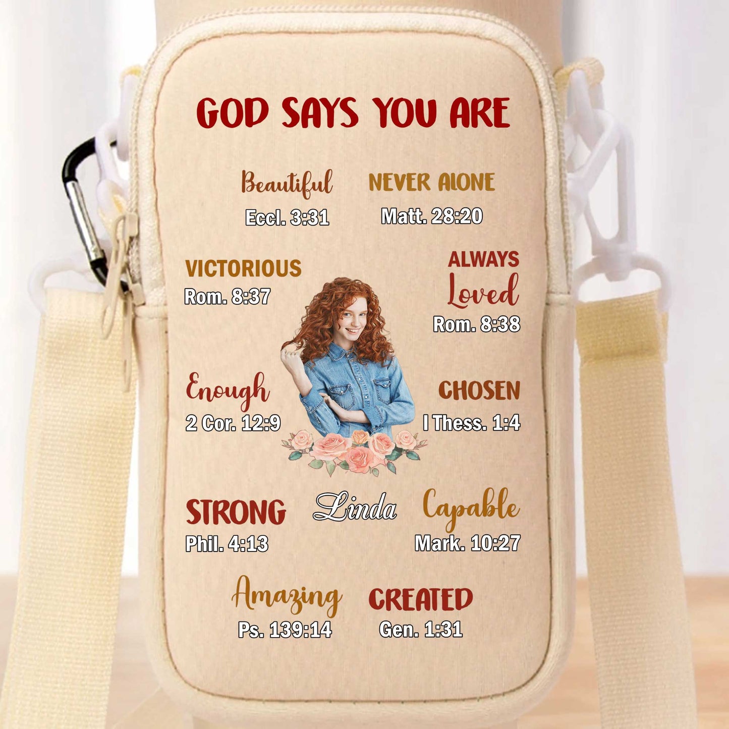 God Says You Are Beautiful, Victorious, and Strong - Personalized Custom Water Bottle Carrier Bag - FAM039_BCB