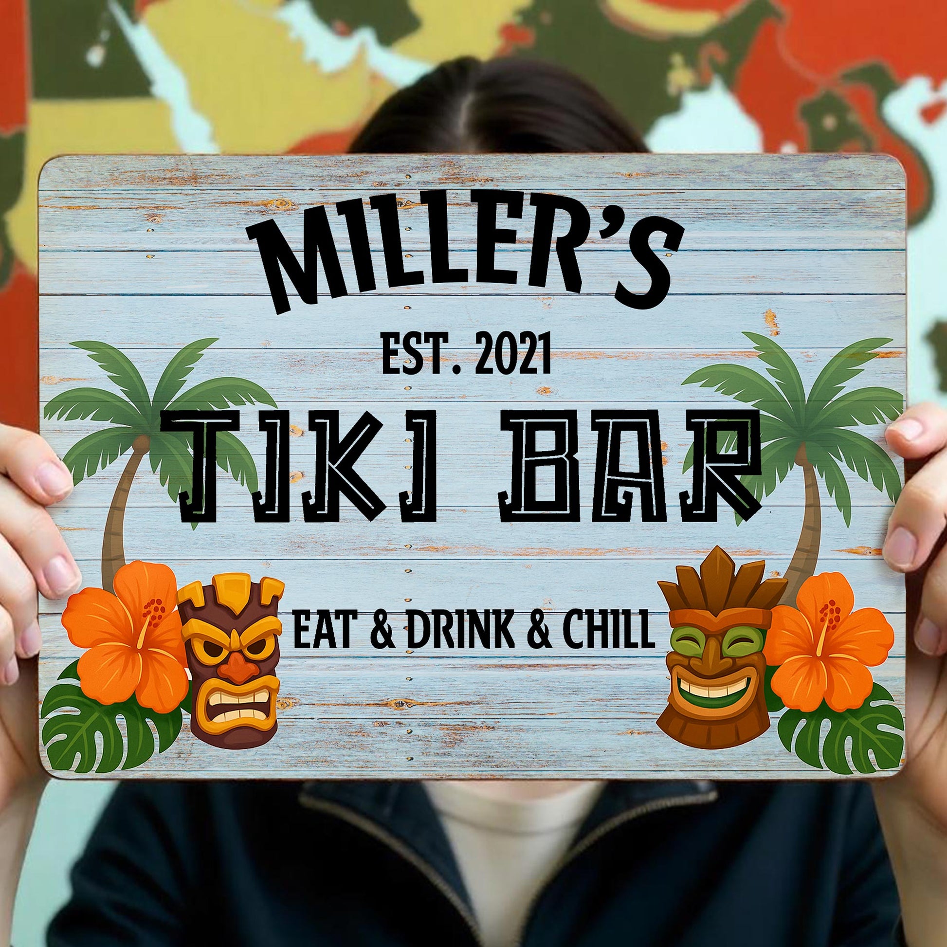 Eat & Drink & Chill, Palm Tree, Tiki Masks, Tropical Flowers