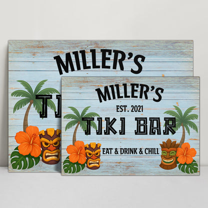 Eat & Drink & Chill, Palm Tree, Tiki Masks, Tropical Flowers