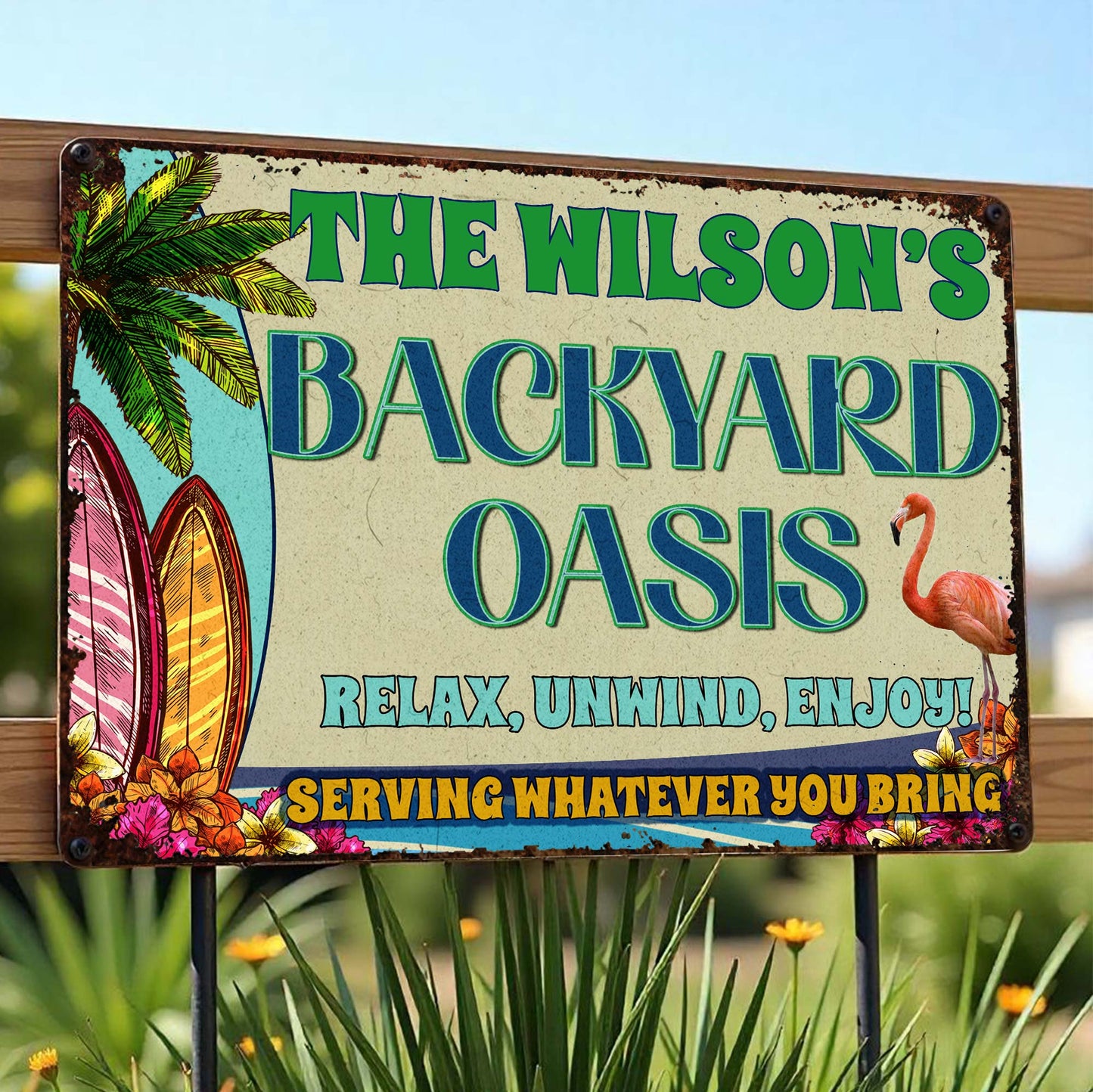 Backyard Oasis With Palm Tree, Surfboard, And Flamingo - Personalized Metal Sign - FAM045_MSIGN