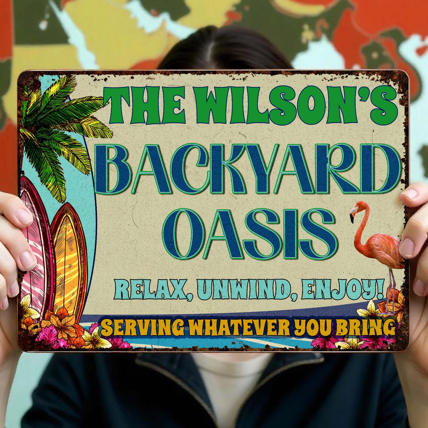 Backyard Oasis With Palm Tree, Surfboard, And Flamingo - Personalized Metal Sign - FAM045_MSIGN