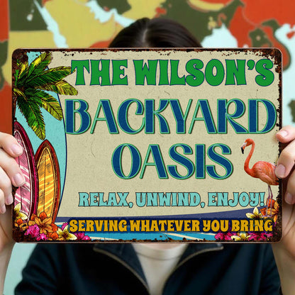 Backyard Oasis With Palm Tree, Surfboard, And Flamingo - Personalized Metal Sign - FAM045_MSIGN