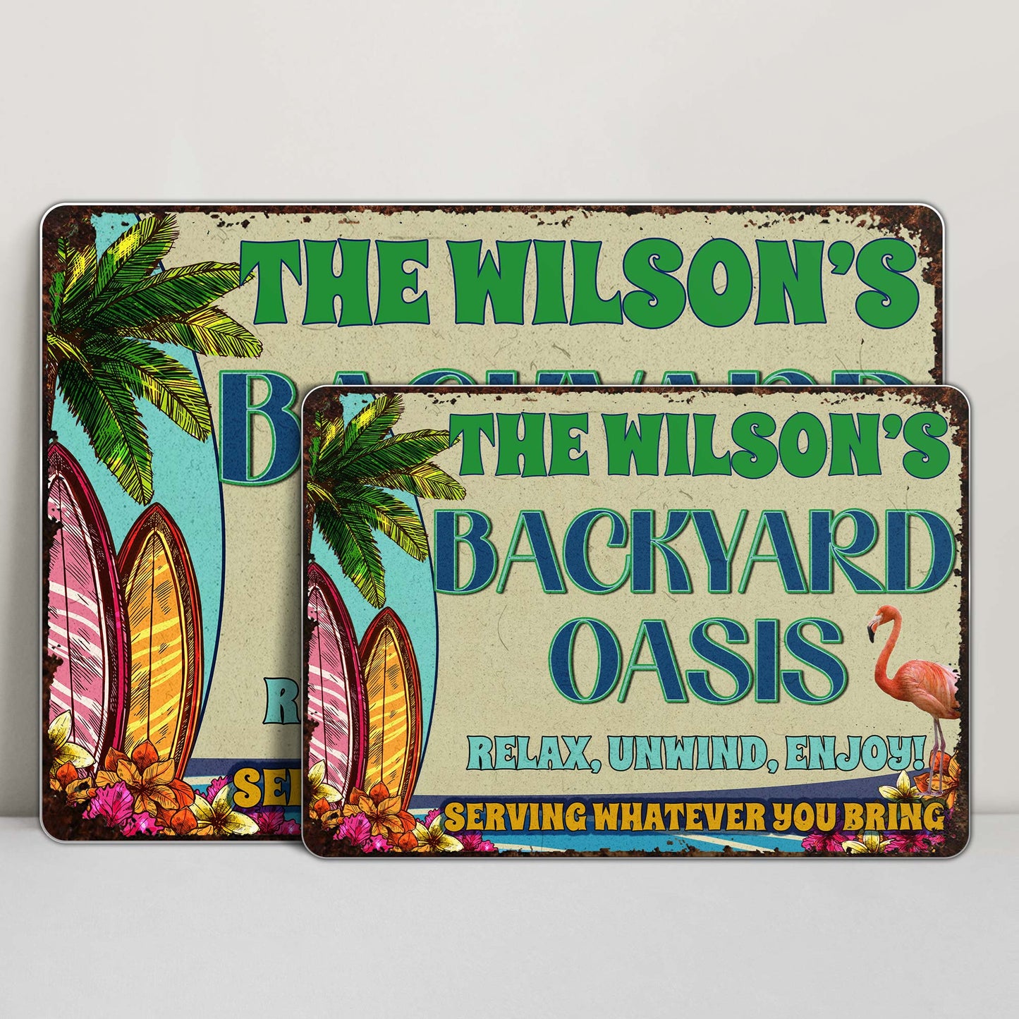 Backyard Oasis With Palm Tree, Surfboard, And Flamingo - Personalized Metal Sign - FAM045_MSIGN