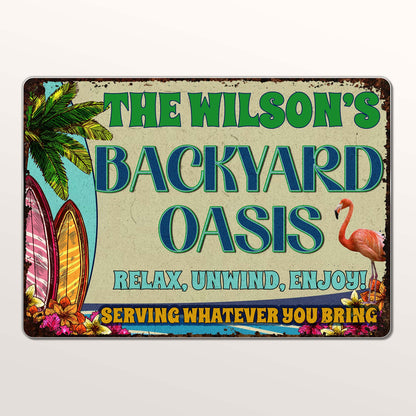 Backyard Oasis With Palm Tree, Surfboard, And Flamingo - Personalized Metal Sign - FAM045_MSIGN
