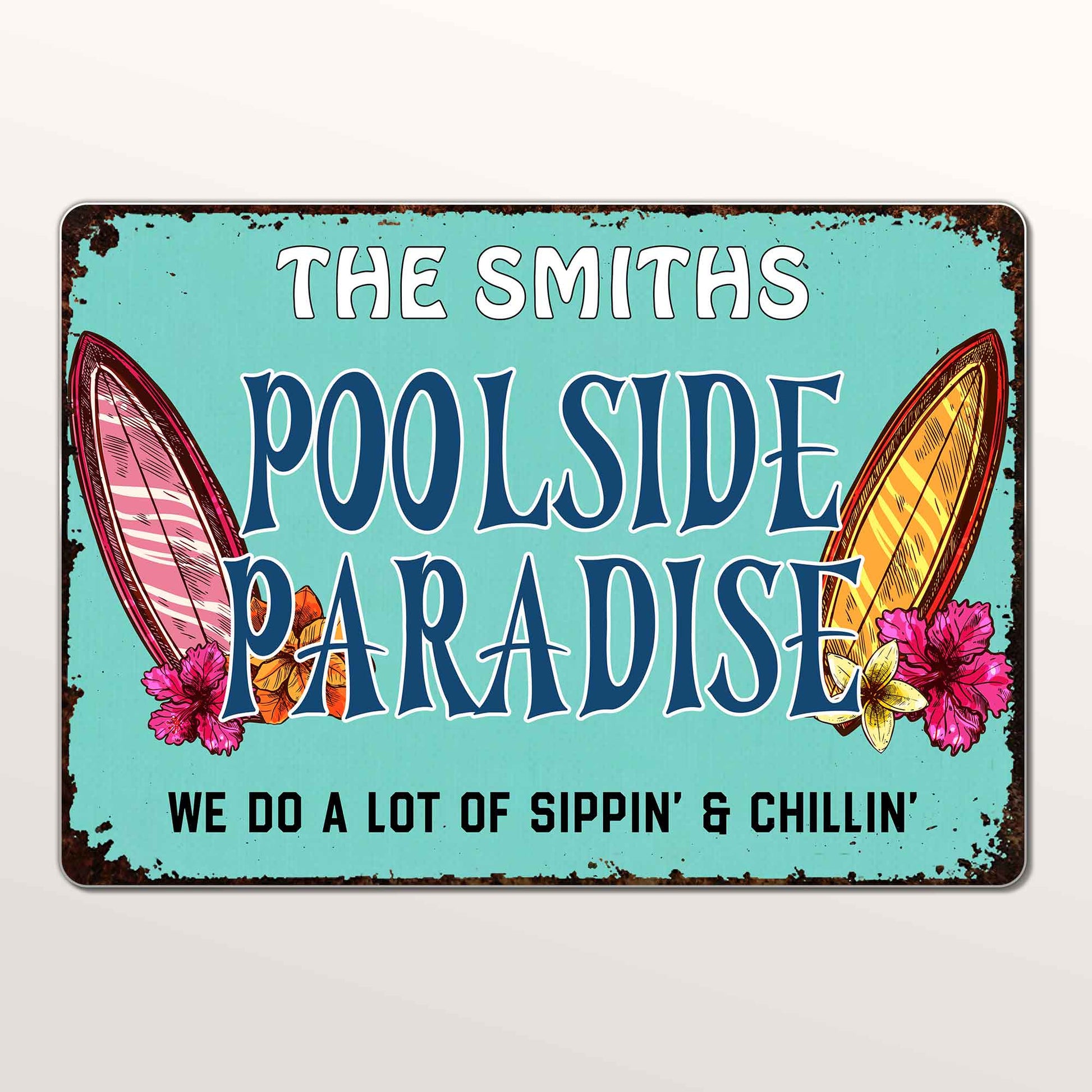 Poolside Paradise, Surfboards And Tropical Flowers