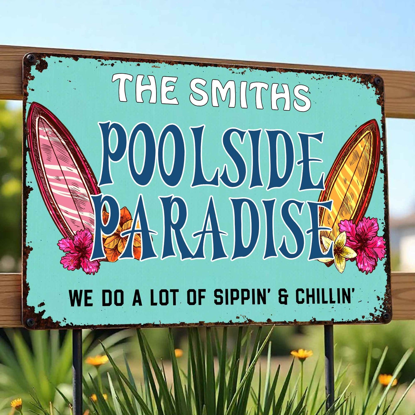 Poolside Paradise, Surfboards And Tropical Flowers