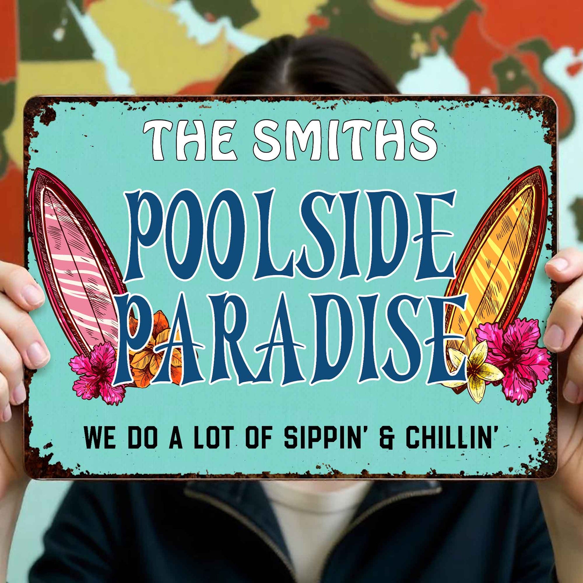 Poolside Paradise, Surfboards And Tropical Flowers