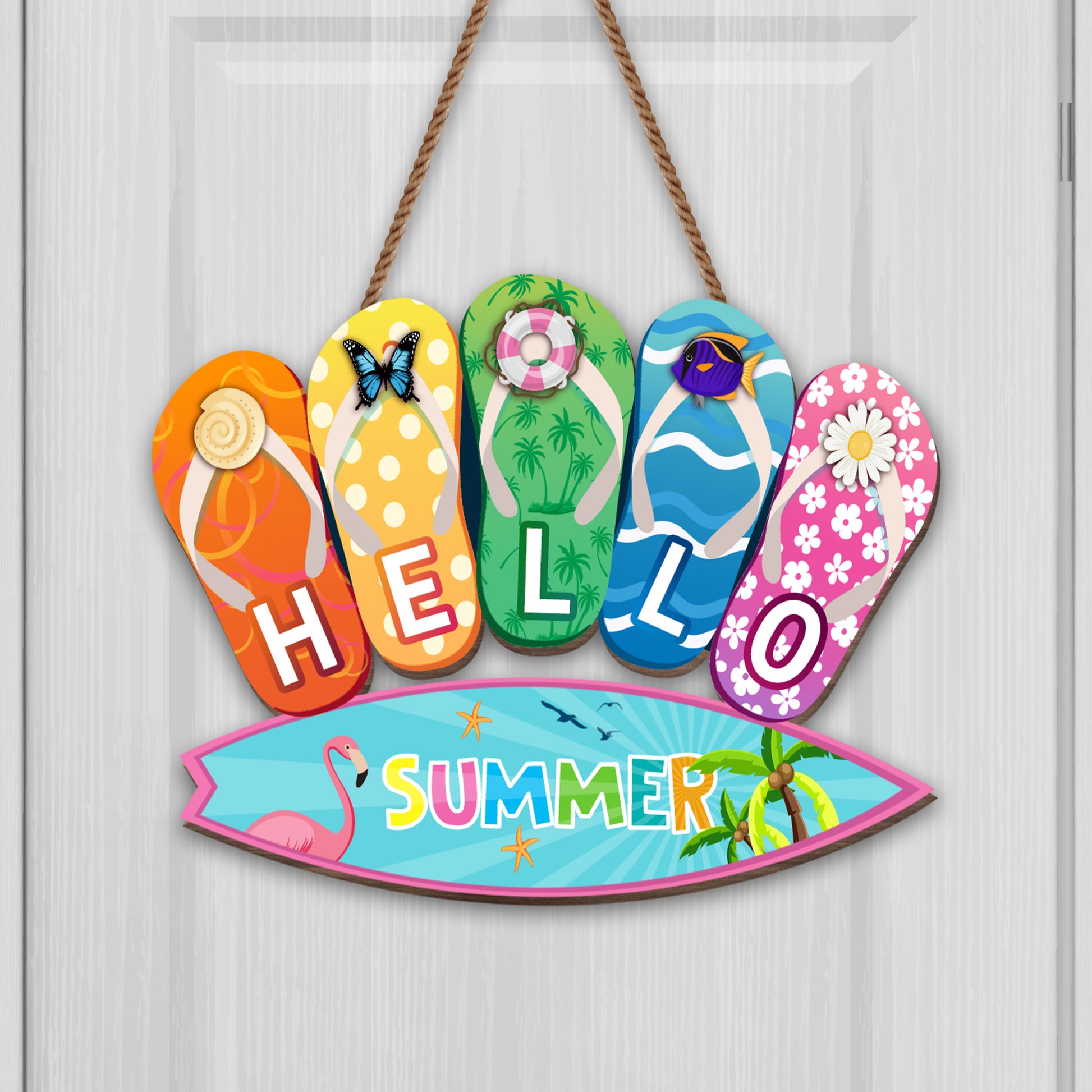 Hello Summer With Colorful Flip Flops And Flamingo